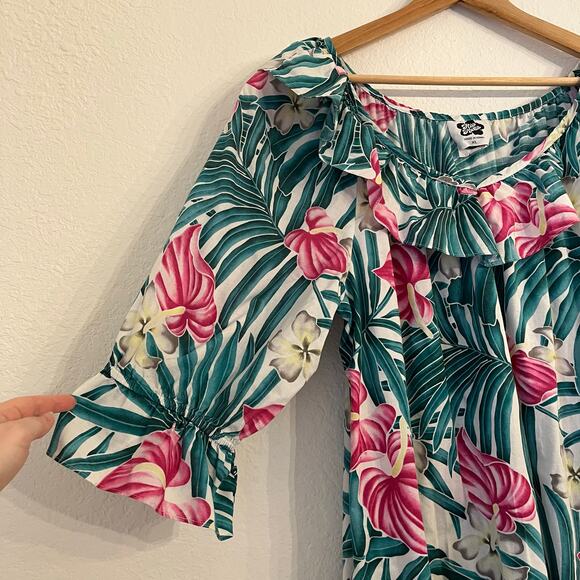 Vintage Hilo Hattie Tropical Print Dress XL Hawaii Palm Leaf Floral Muumuu Midi - Picture 2 of 11
